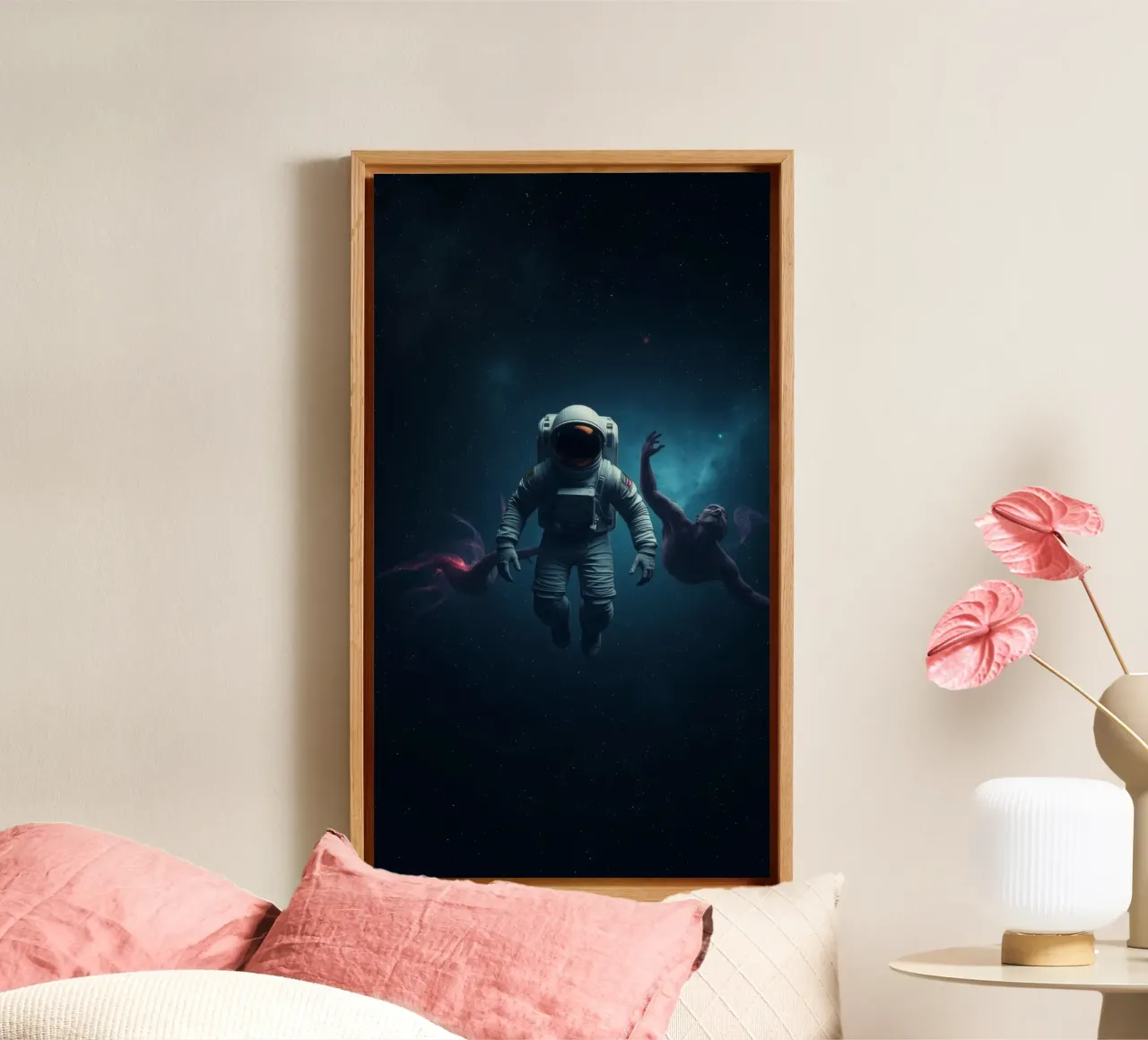 Cosmic exploration with astronaut and abstract beings canvas by DesignDoodle