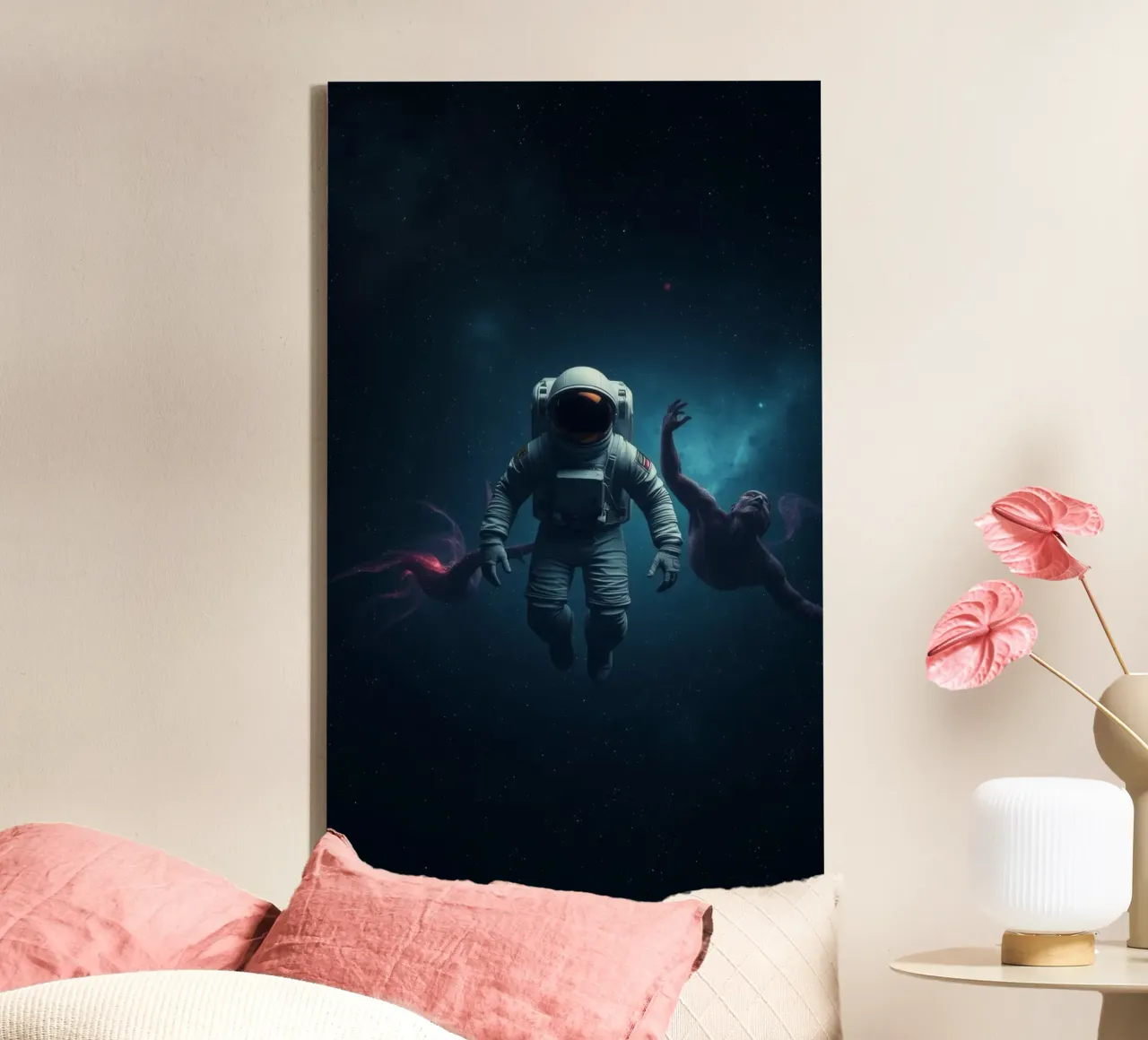 Cosmic exploration with astronaut and abstract beings canvas by DesignDoodle