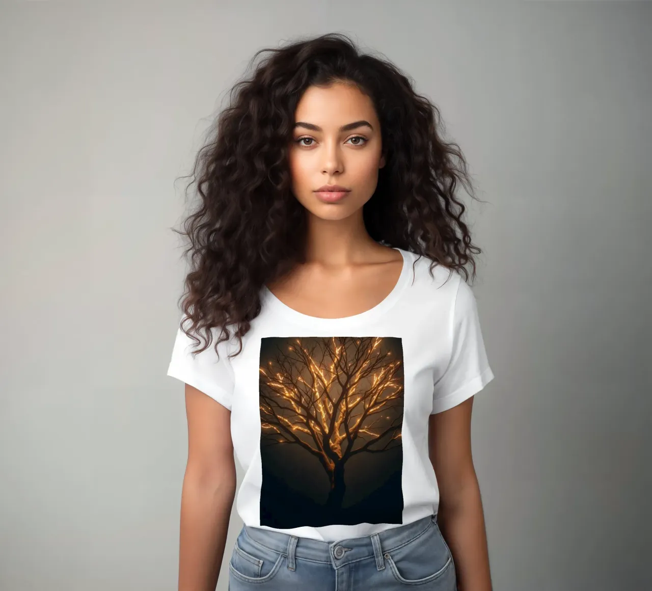 Brightly lit tree branches create a captivating abstract women's fitted t-shirt by DesignDoodle