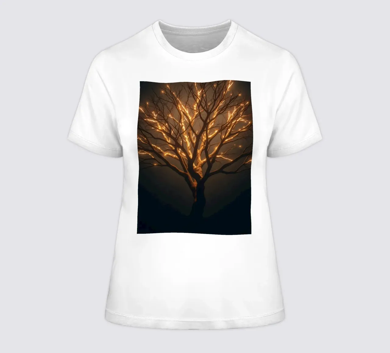 Brightly lit tree branches create a captivating abstract women's fitted t-shirt by DesignDoodle