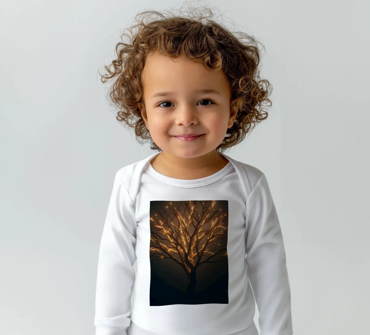 Brightly lit tree branches create a captivating abstract long-sleeve baby romper by DesignDoodle
