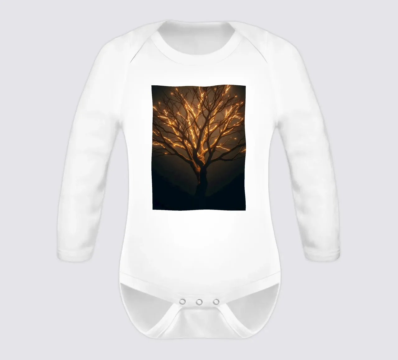 Brightly lit tree branches create a captivating abstract long-sleeve baby romper by DesignDoodle