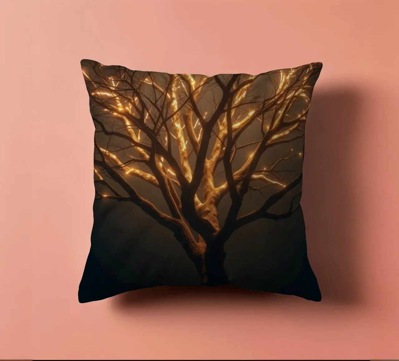 Brightly lit tree branches create a captivating abstract decorative cushion by DesignDoodle
