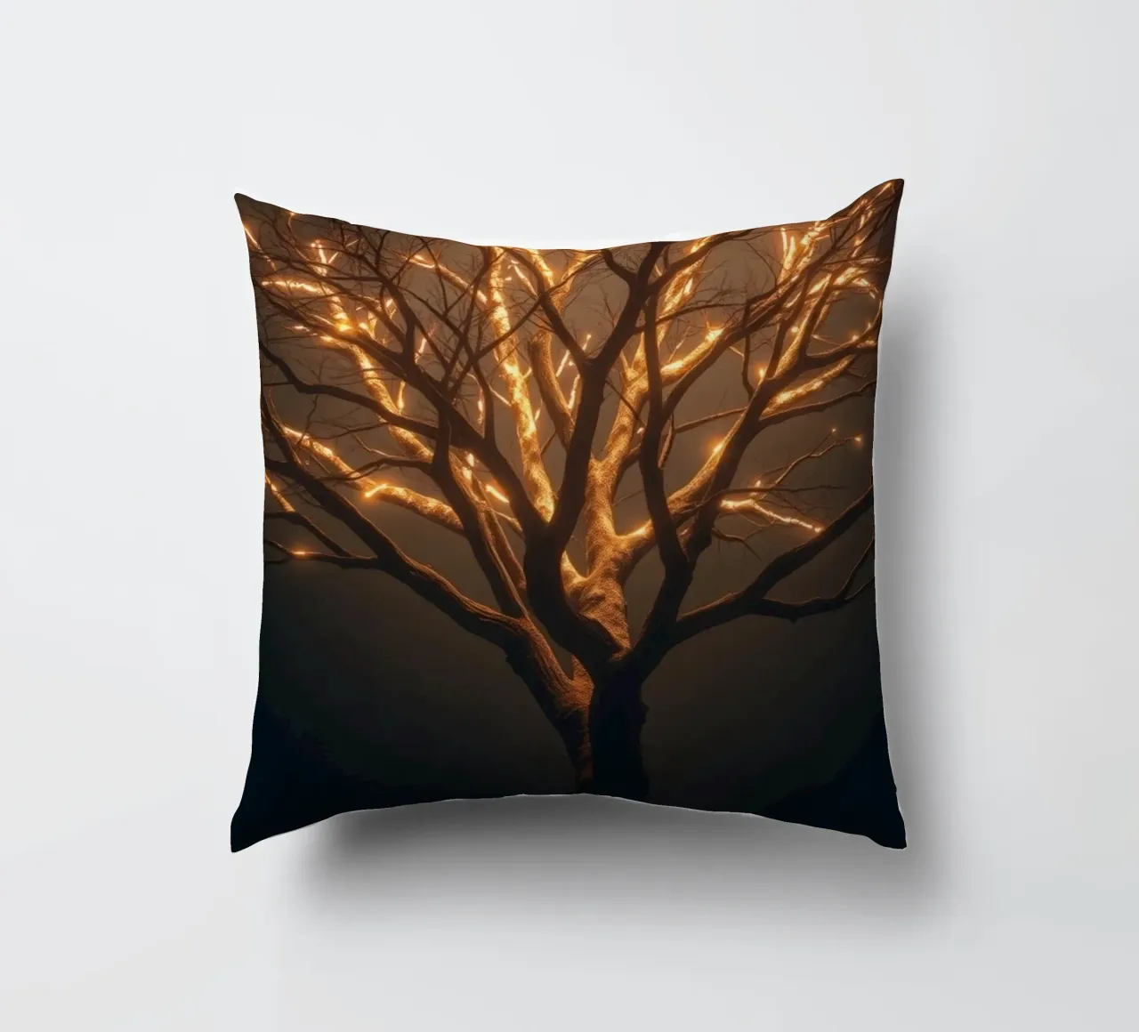 Brightly lit tree branches create a captivating abstract decorative cushion by DesignDoodle