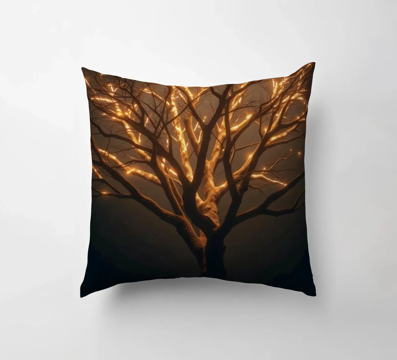 Brightly lit tree branches create a captivating abstract decorative cushion by DesignDoodle