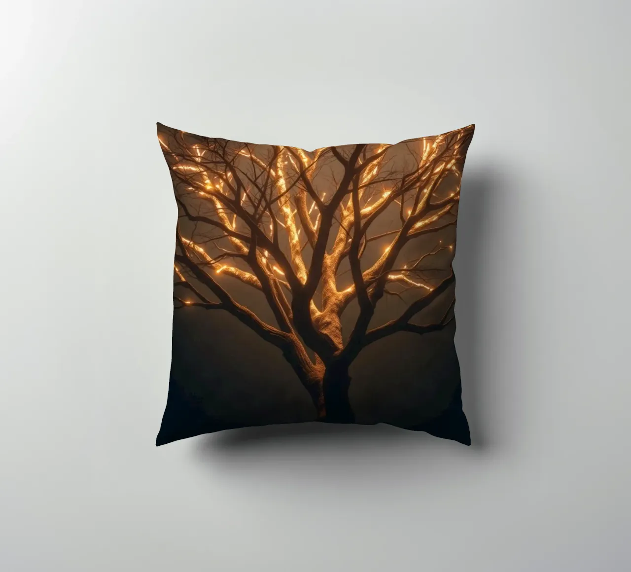 Brightly lit tree branches create a captivating abstract decorative cushion by DesignDoodle