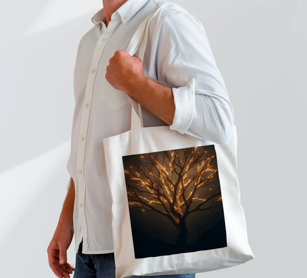 Brightly lit tree branches create a captivating abstract tote bag by DesignDoodle