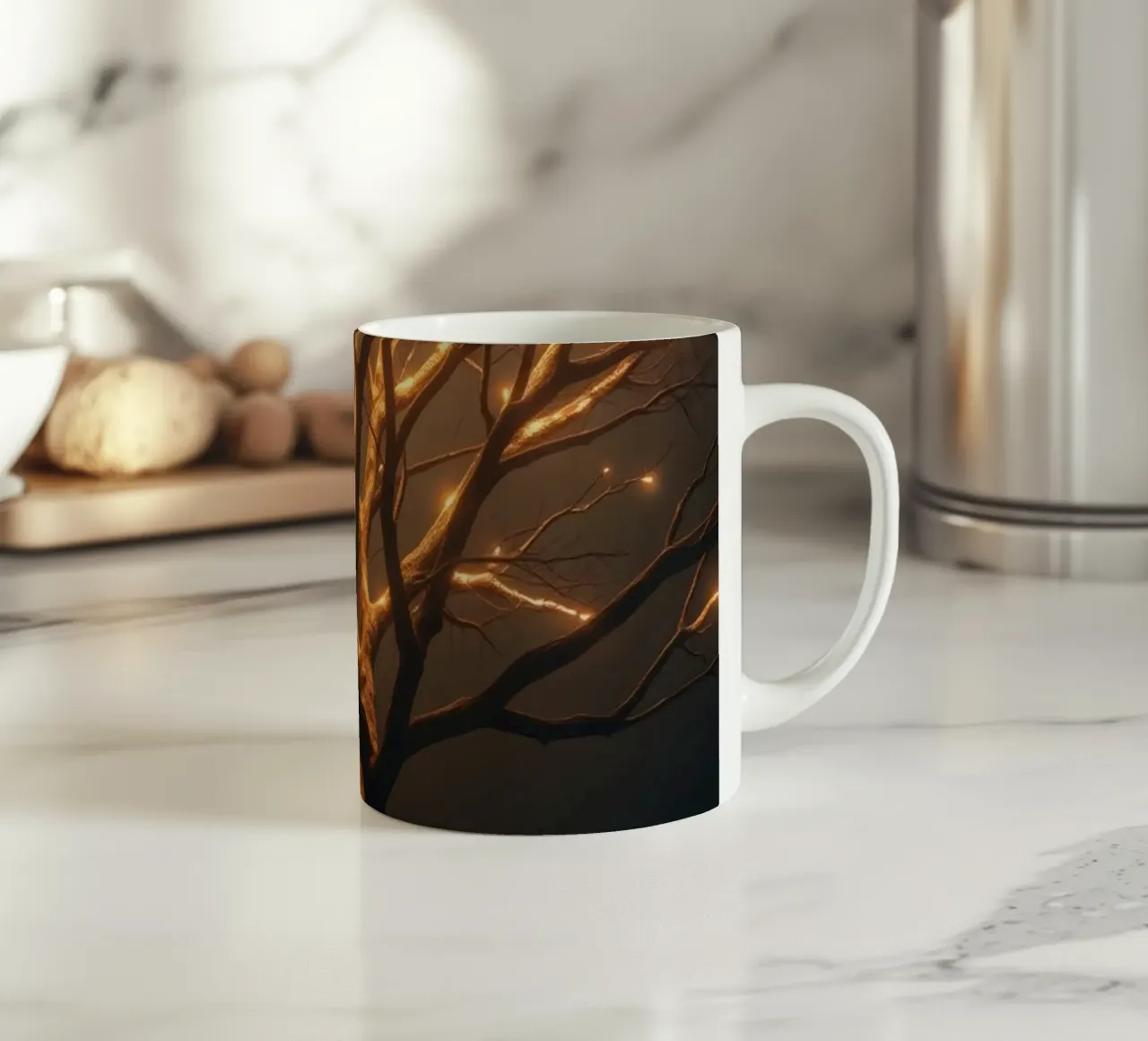 Brightly lit tree branches create a captivating abstract ceramic mug by DesignDoodle