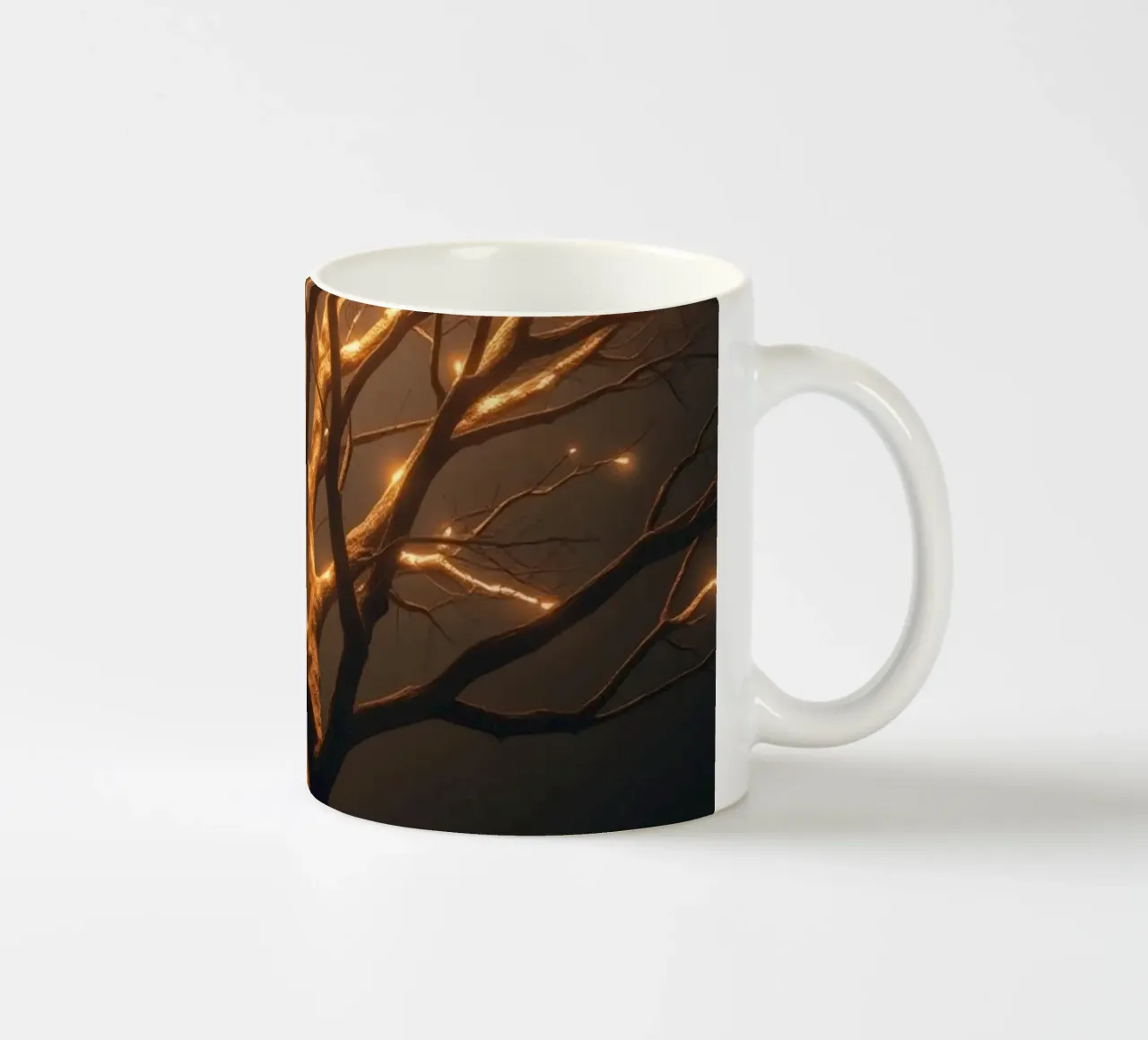 Brightly lit tree branches create a captivating abstract ceramic mug by DesignDoodle