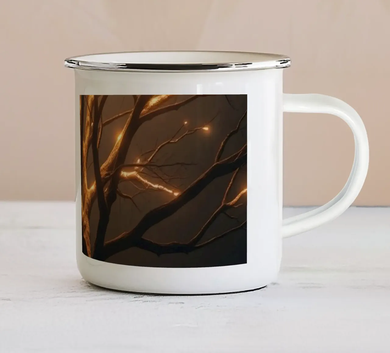 Brightly lit tree branches create a captivating abstract enamel mug by DesignDoodle