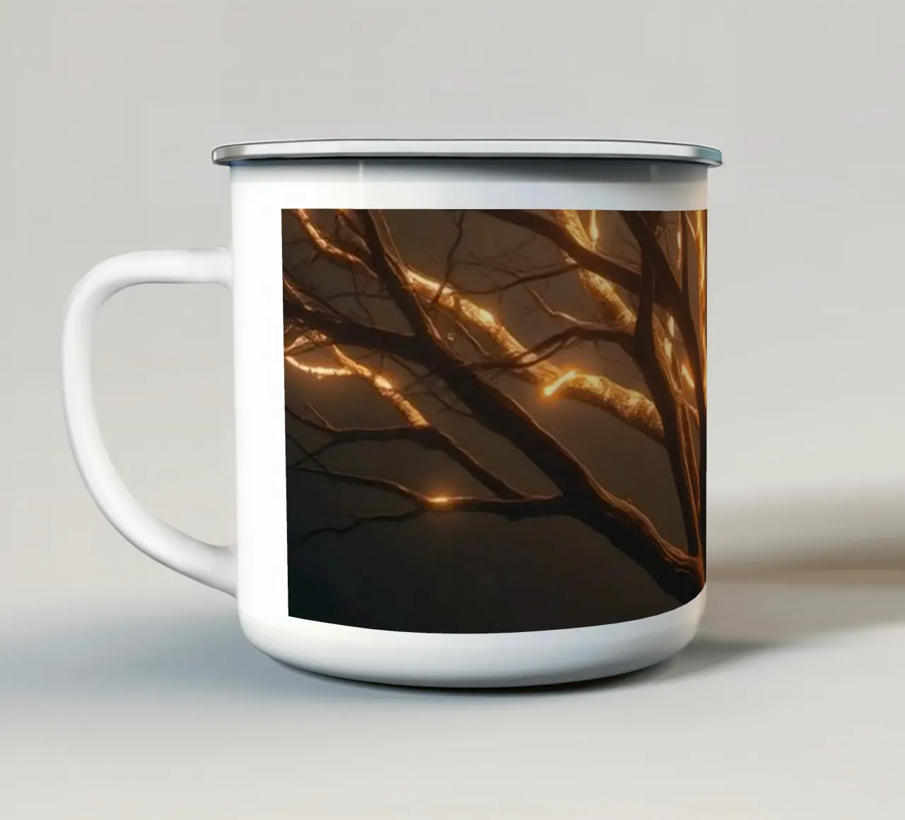 Brightly lit tree branches create a captivating abstract enamel mug by DesignDoodle