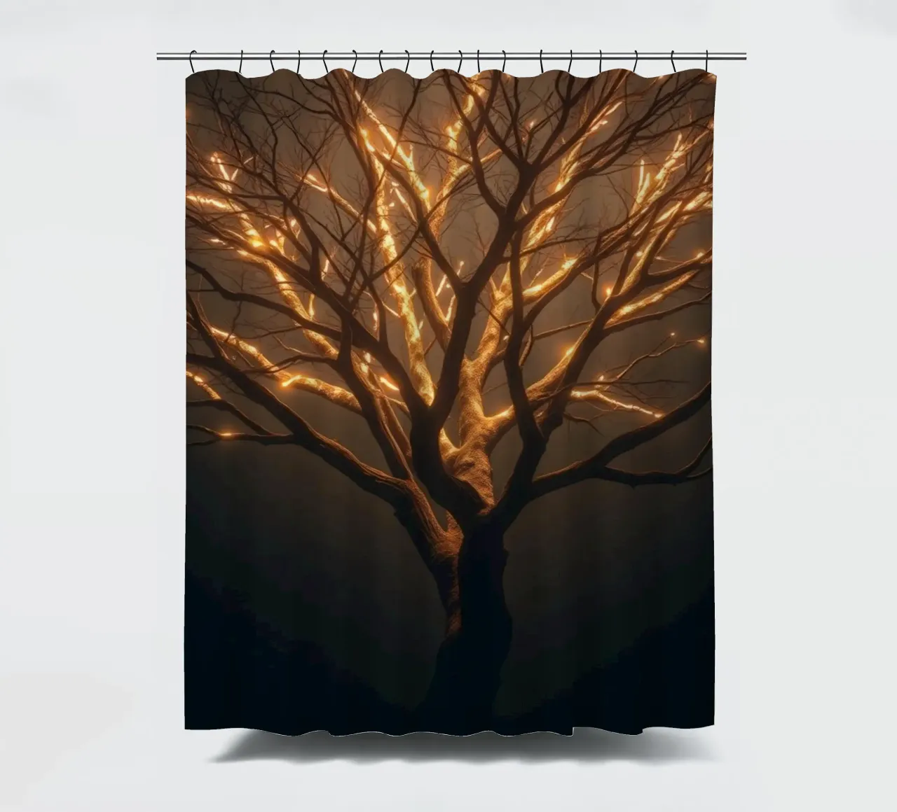 Brightly lit tree branches create a captivating abstract shower curtain by DesignDoodle