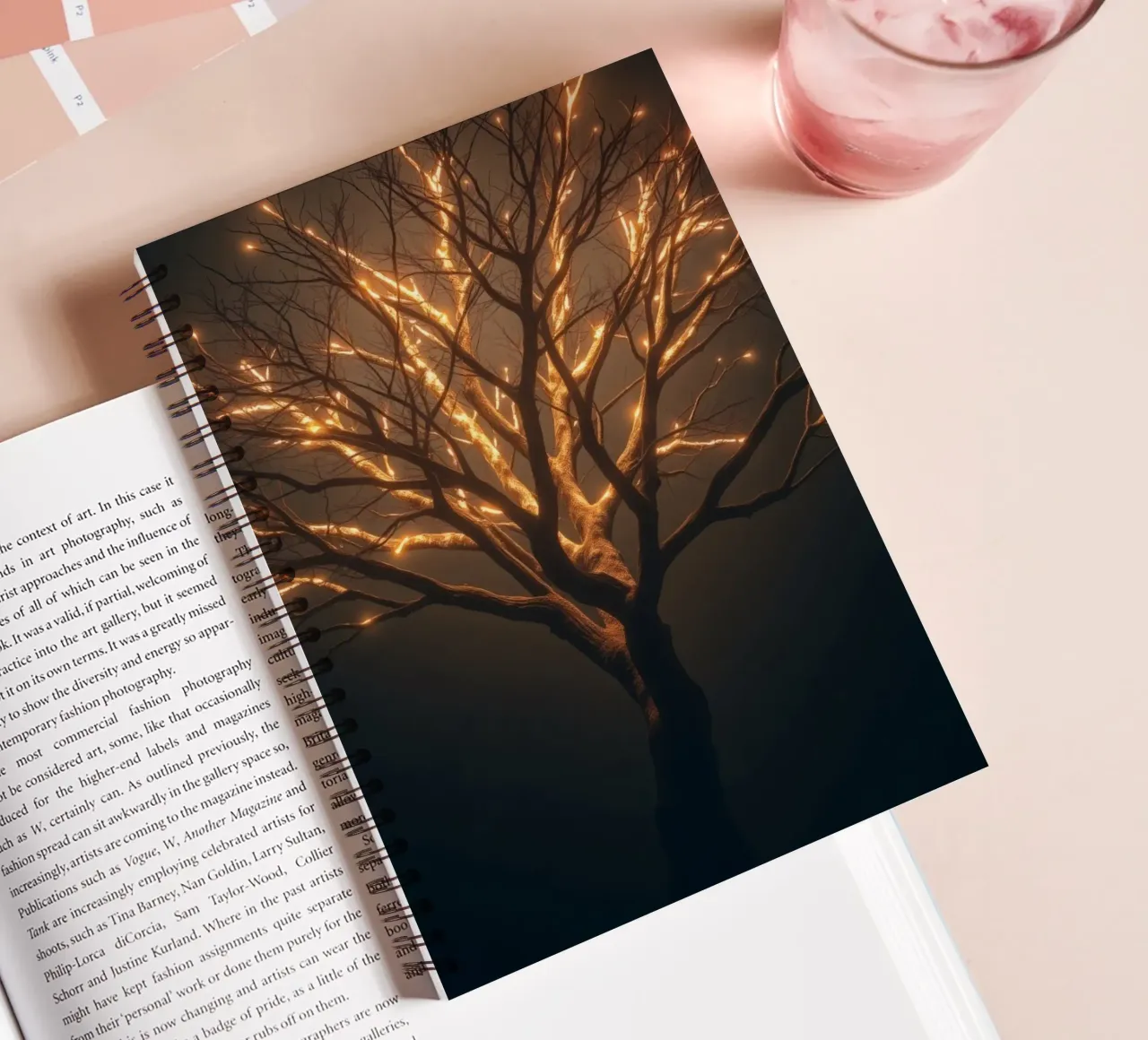Brightly lit tree branches create a captivating abstract spiral notebook by DesignDoodle