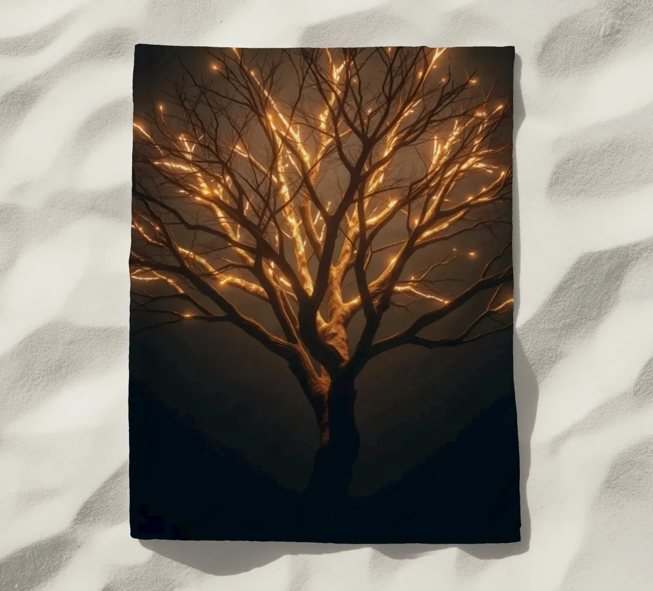 Brightly lit tree branches create a captivating abstract beach towel by DesignDoodle