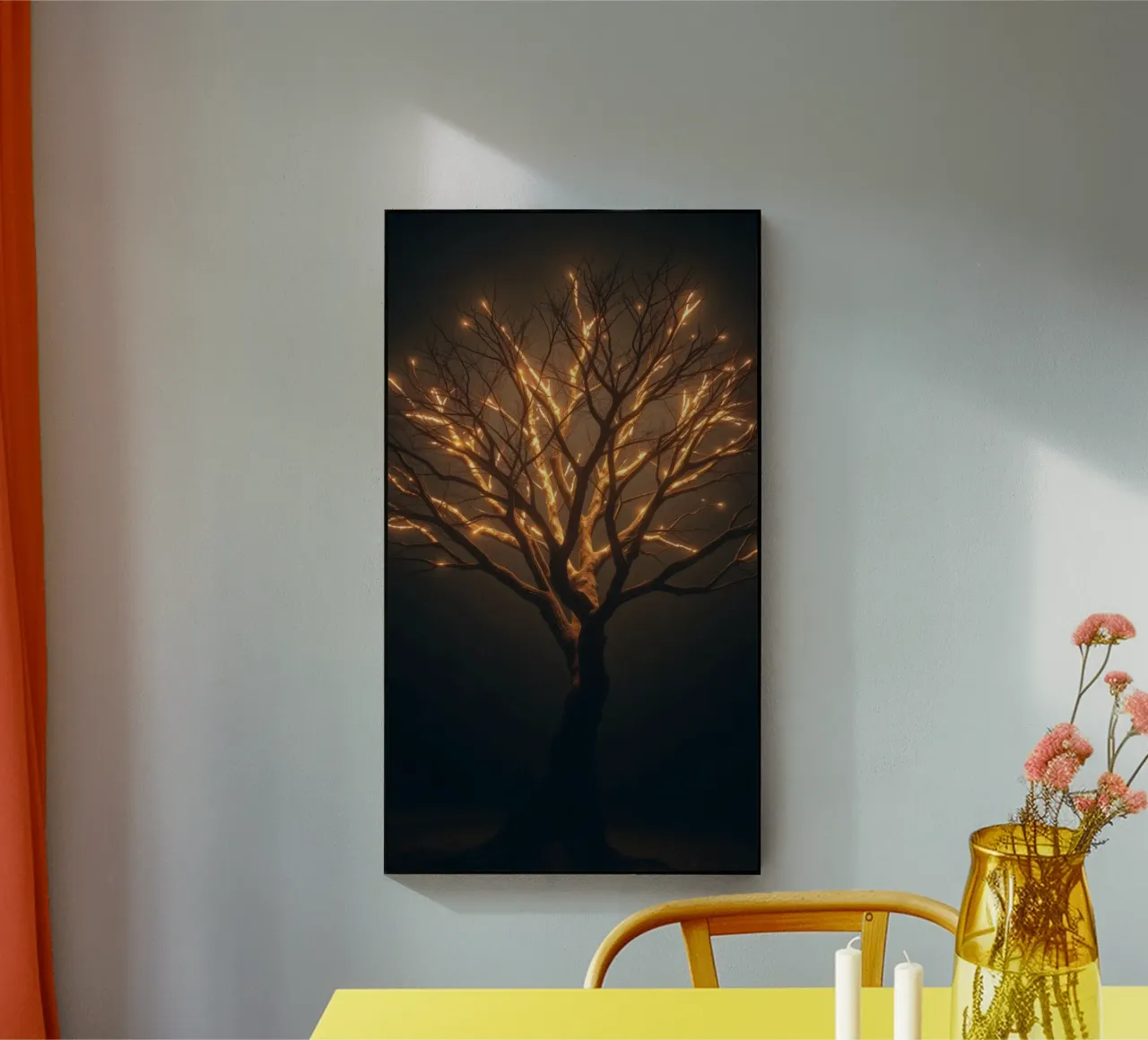 Brightly lit tree branches create a captivating abstract acrylic glass by DesignDoodle