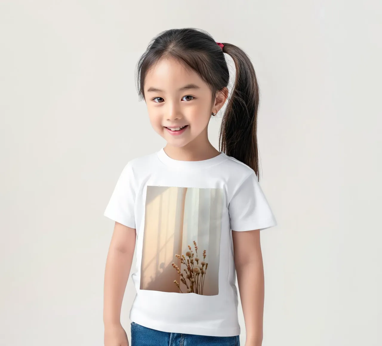 Soft light filters through sheer curtains with calm flowers kids t-shirt by DesignDoodle