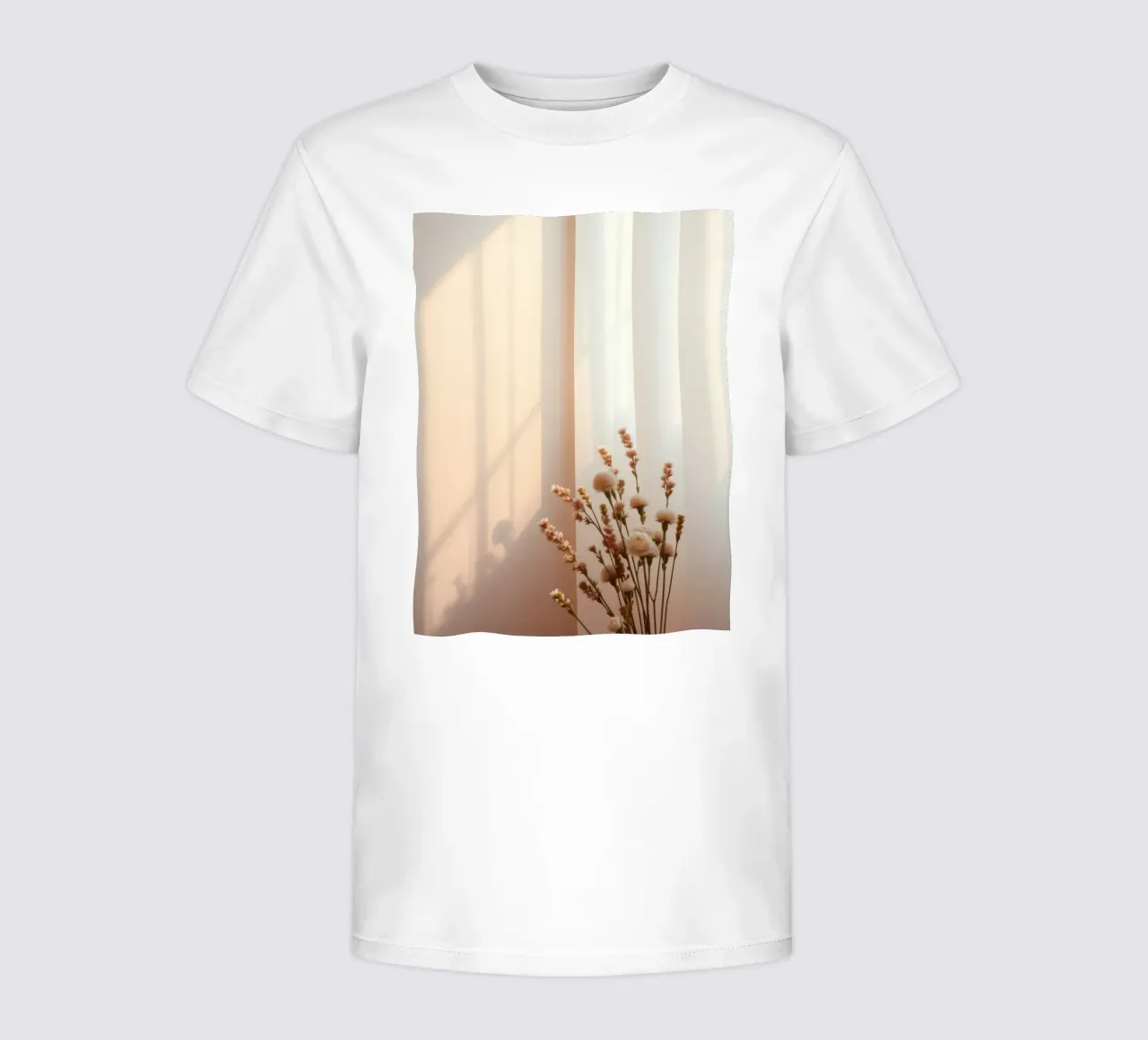 Soft light filters through sheer curtains with calm flowers kids t-shirt by DesignDoodle