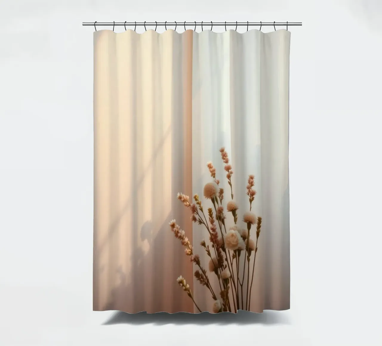 Soft light filters through sheer curtains with calm flowers shower curtain by DesignDoodle