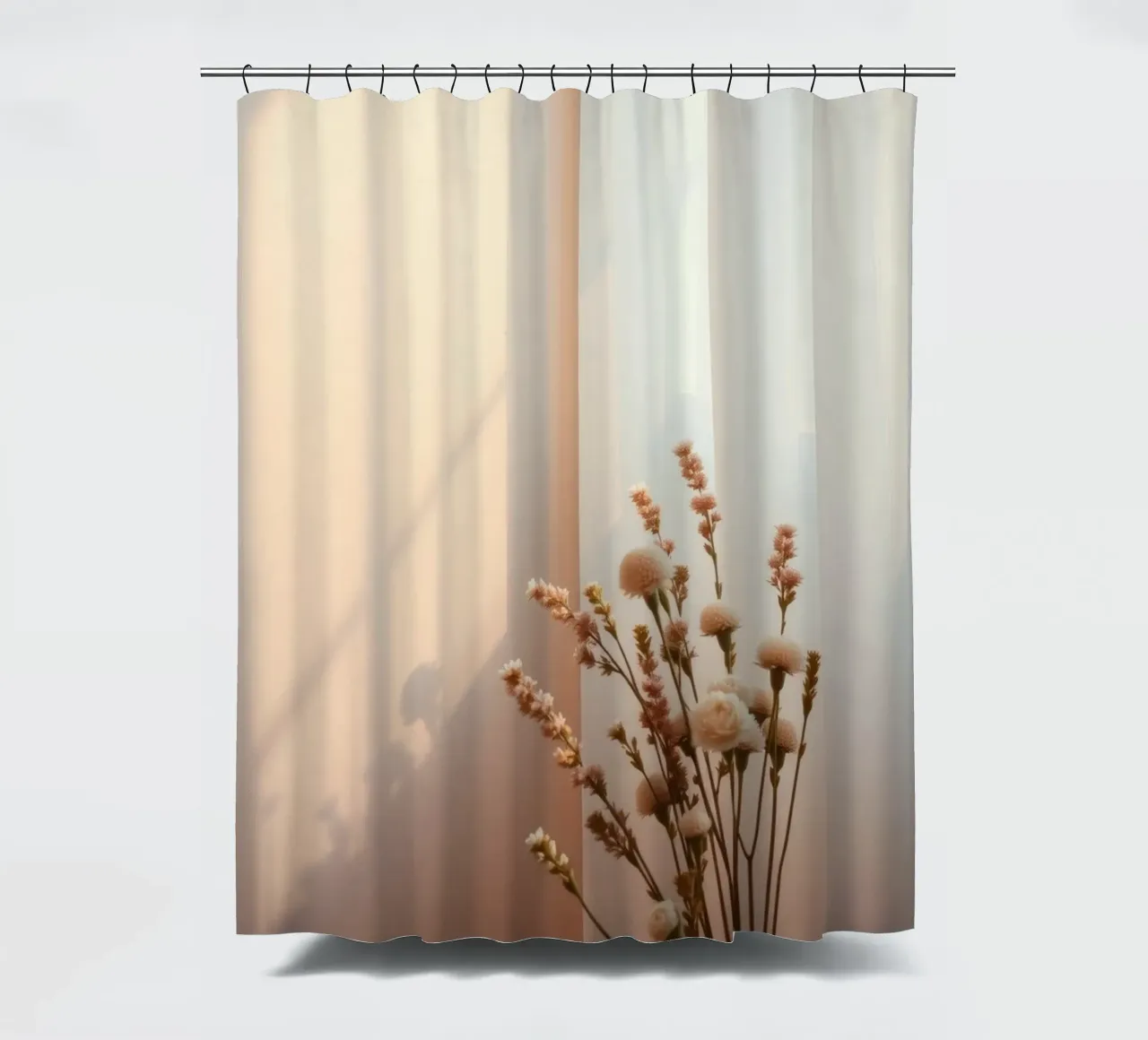 Soft light filters through sheer curtains with calm flowers shower curtain by DesignDoodle