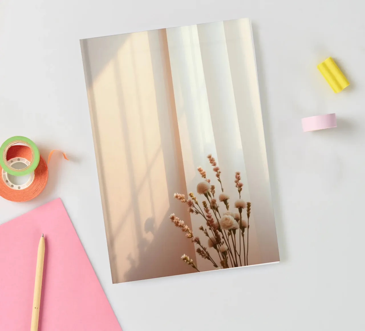 Soft light filters through sheer curtains with calm flowers notebook by DesignDoodle