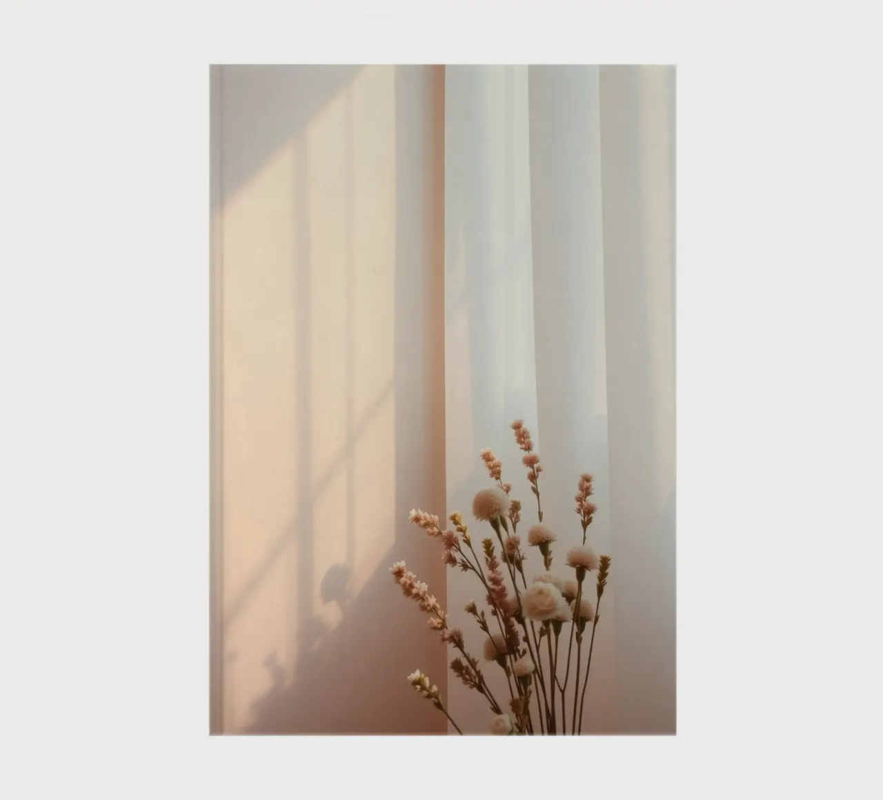 Soft light filters through sheer curtains with calm flowers notebook by DesignDoodle