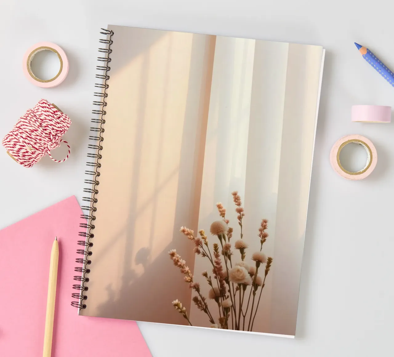 Soft light filters through sheer curtains with calm flowers spiral notebook by DesignDoodle