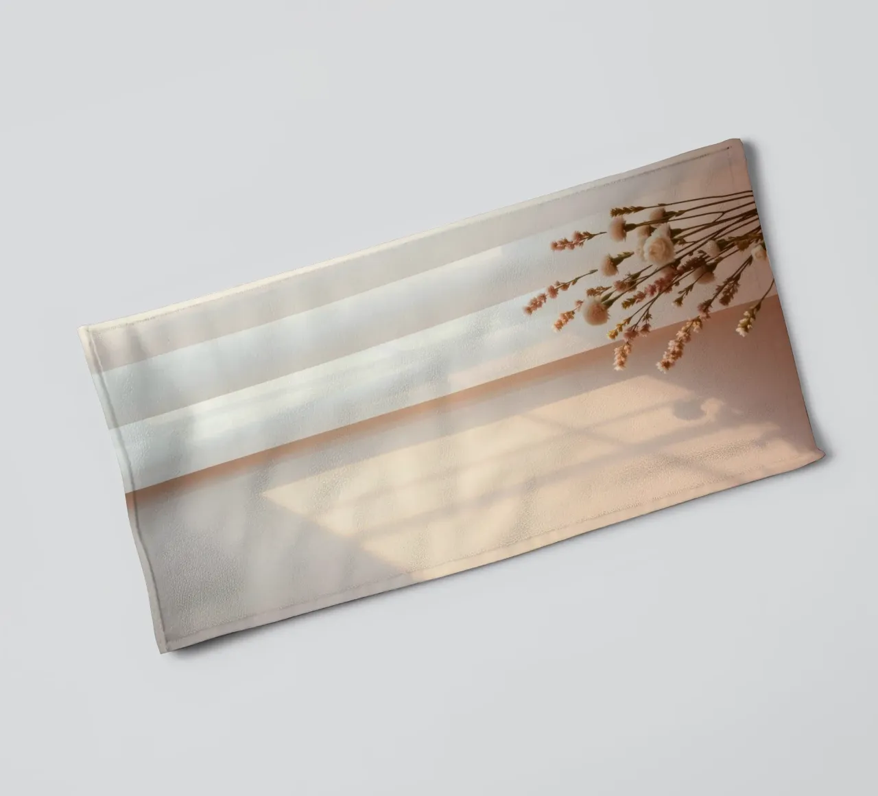 Soft light filters through sheer curtains with calm flowers towel by DesignDoodle