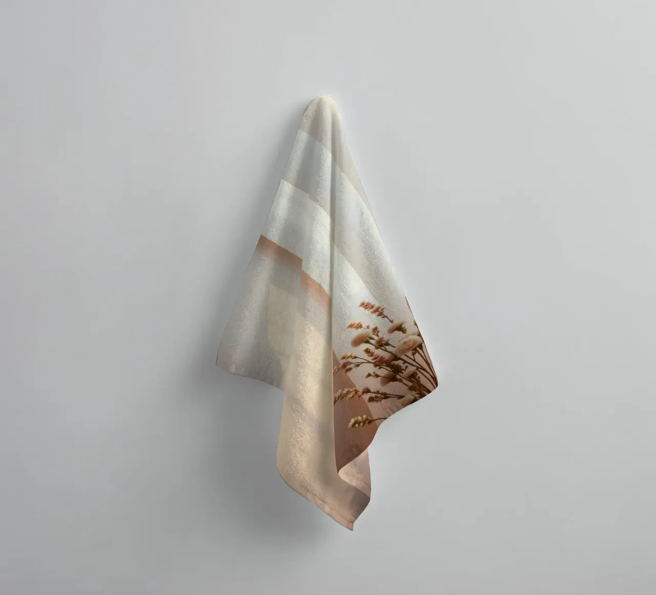 Soft light filters through sheer curtains with calm flowers towel by DesignDoodle
