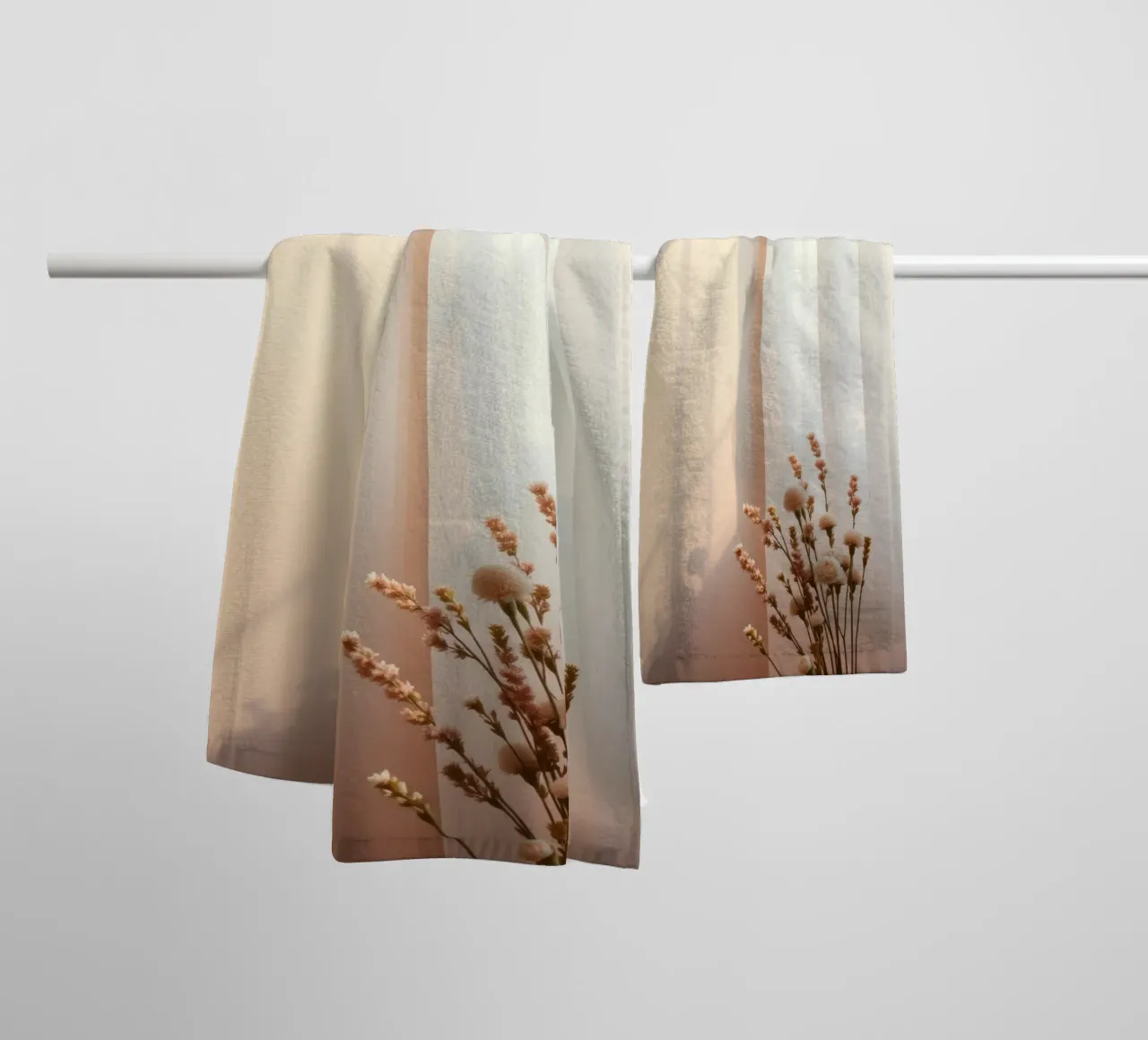 Soft light filters through sheer curtains with calm flowers towel by DesignDoodle