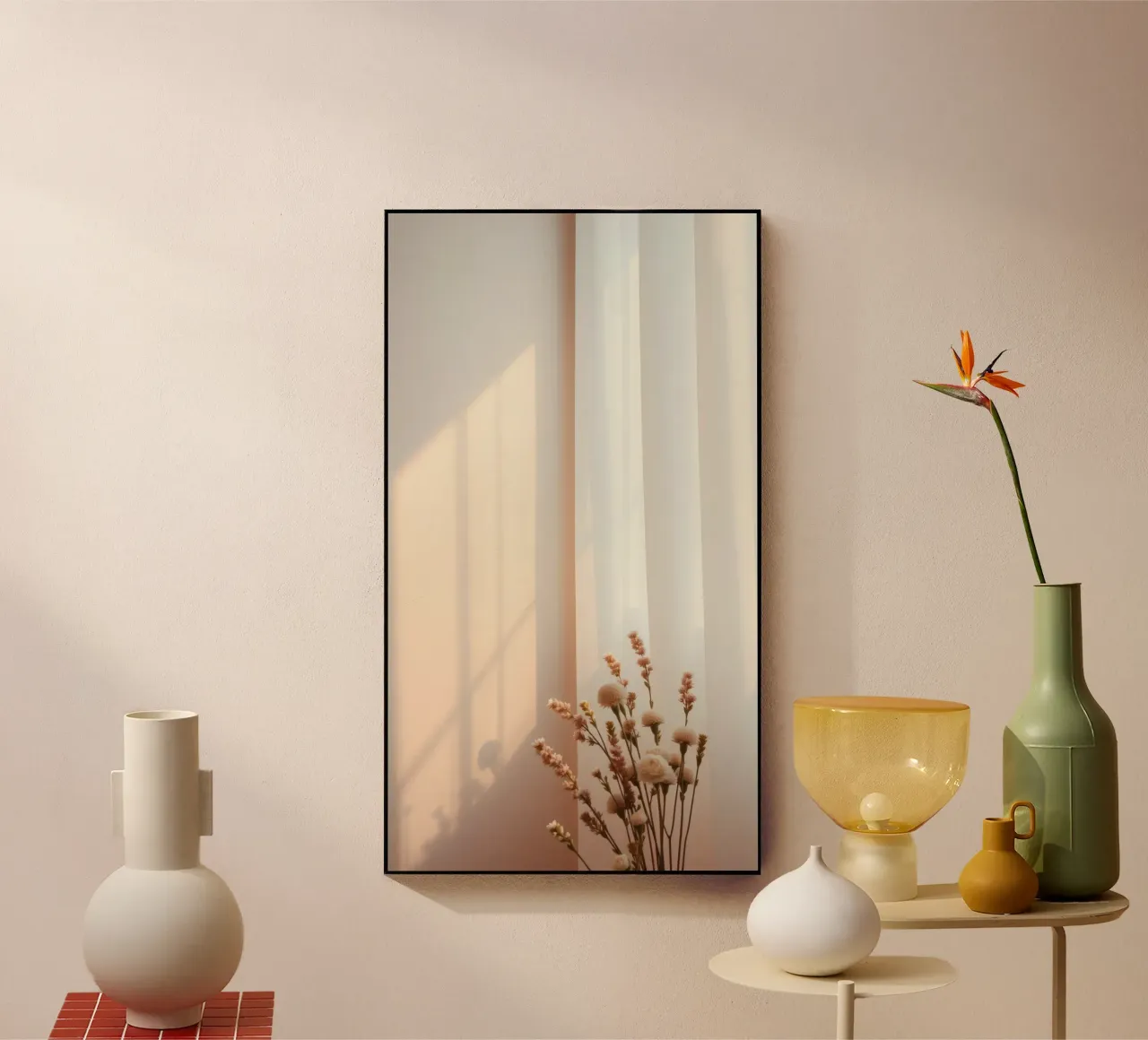 Soft light filters through sheer curtains with calm flowers acrylic glass by DesignDoodle