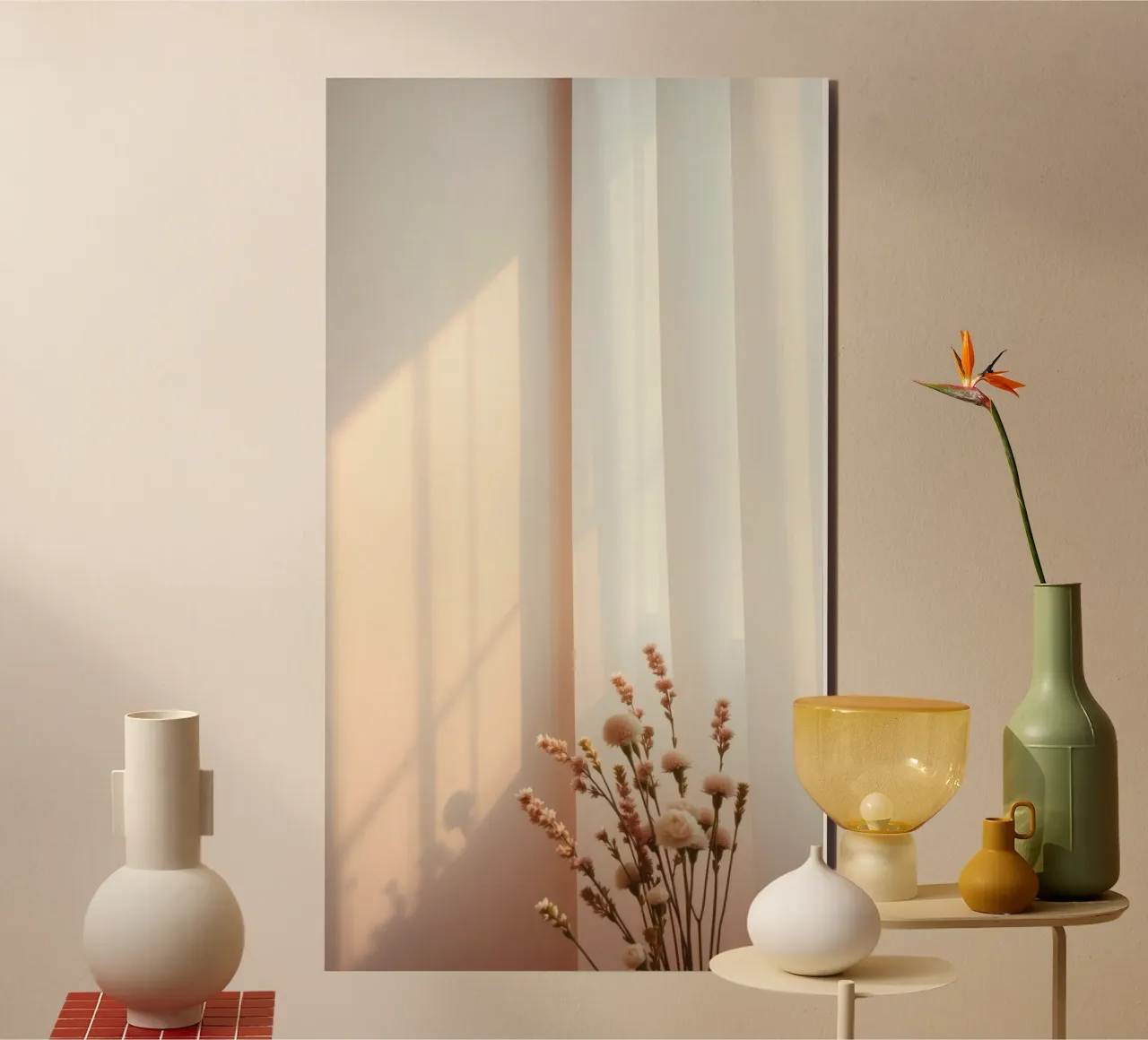 Soft light filters through sheer curtains with calm flowers alu-dibond by DesignDoodle