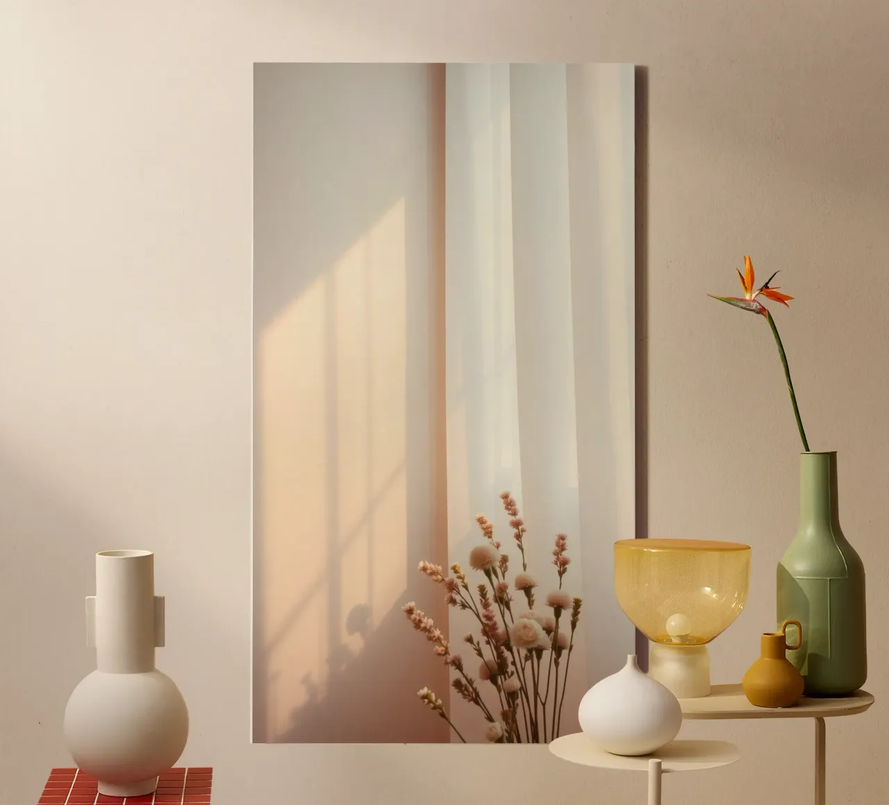Soft light filters through sheer curtains with calm flowers canvas by DesignDoodle