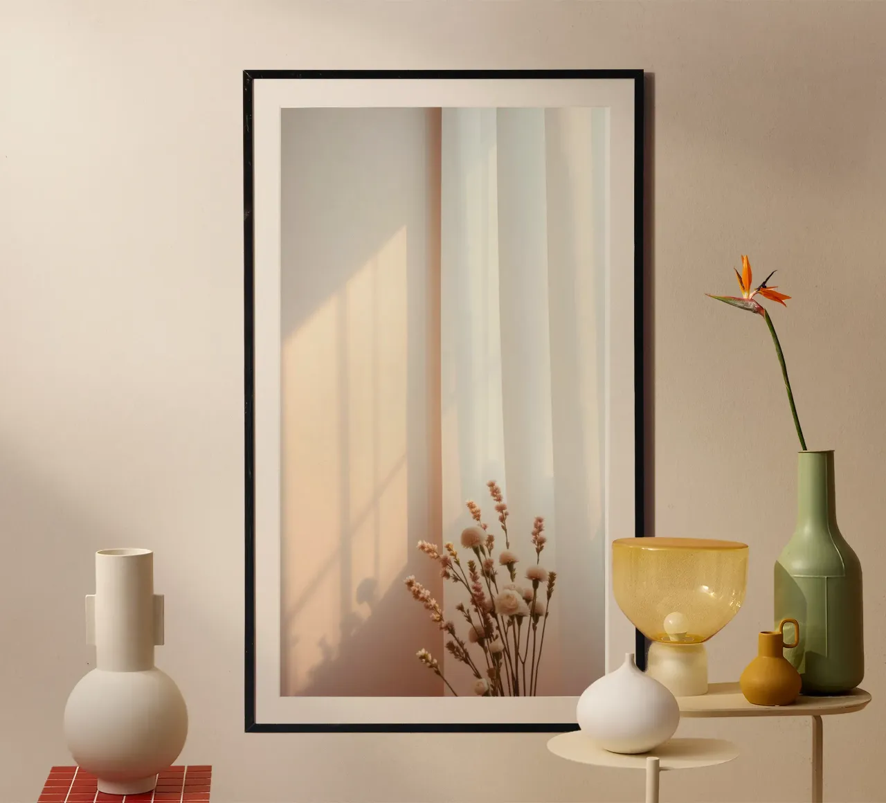 Soft light filters through sheer curtains with calm flowers hahnemühle by DesignDoodle