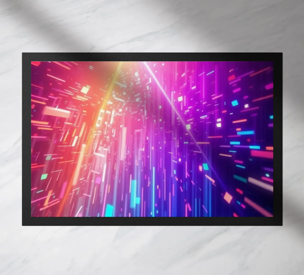 Colorful abstract design featuring vibrant rays of light doormat by DesignDoodle