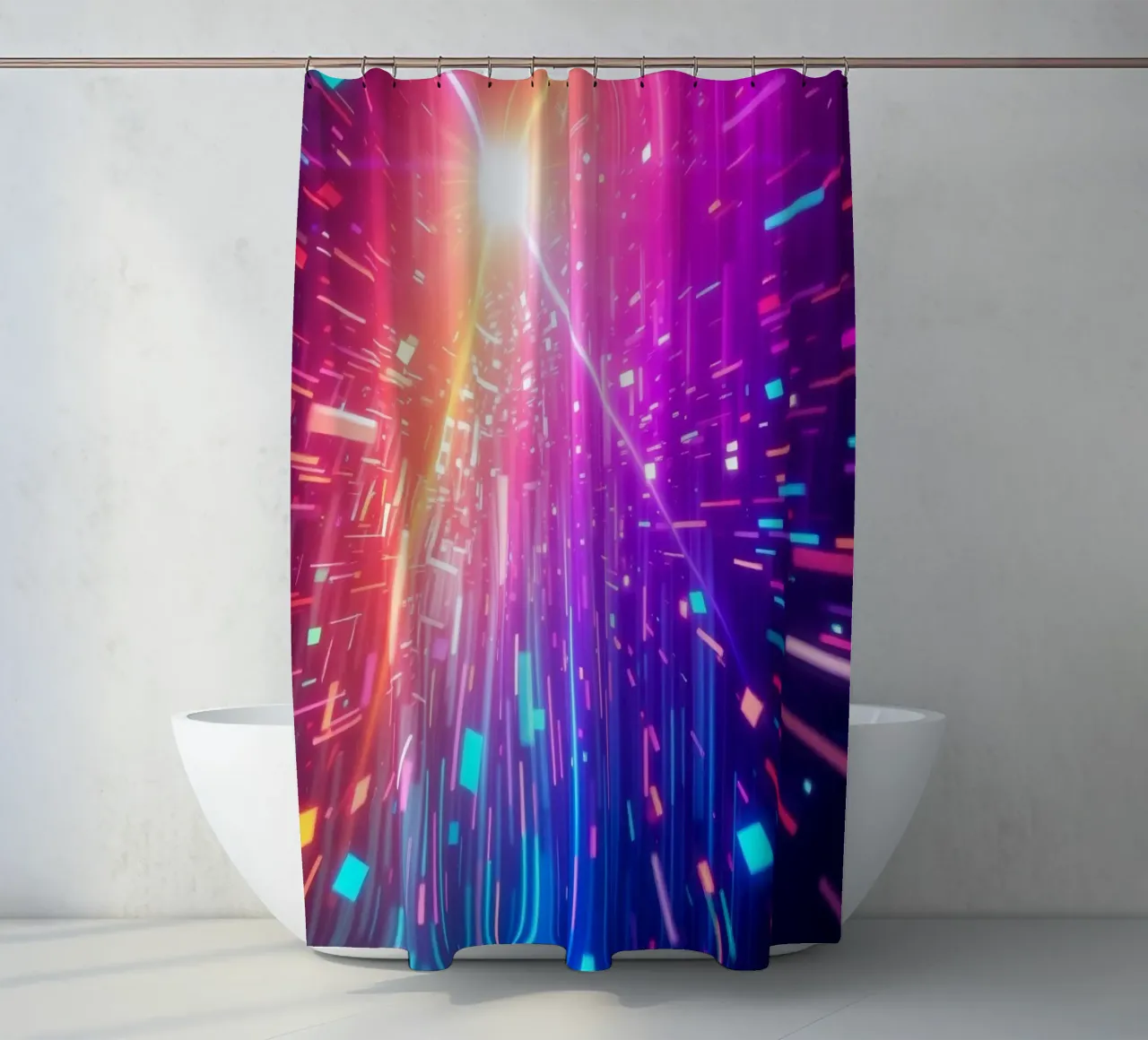 Kleurrijk abstract ontwerp met levendige lichtstralen douchegordijn van DesignDoodle