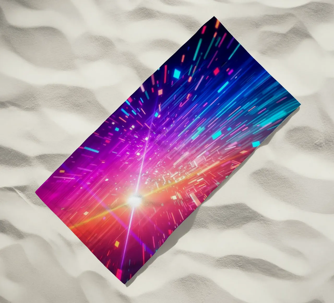 Colorful abstract design featuring vibrant rays of light beach towel by DesignDoodle