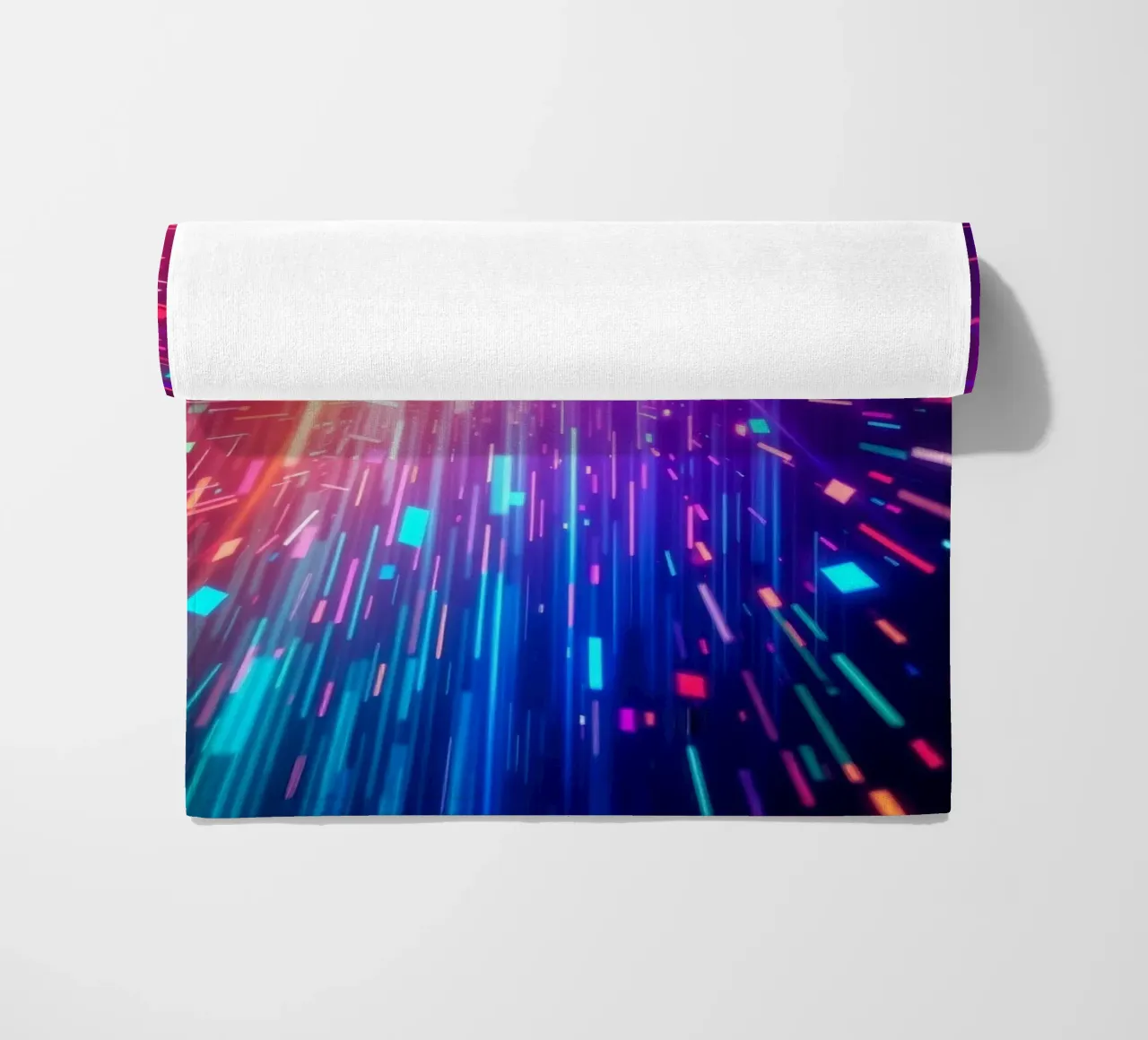 Colorful abstract design featuring vibrant rays of light beach towel by DesignDoodle