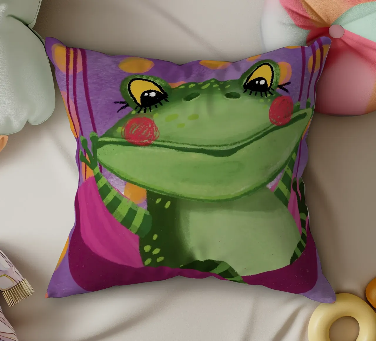 Funny frog swings in the hammock decorative cushion by Honigbrombeere