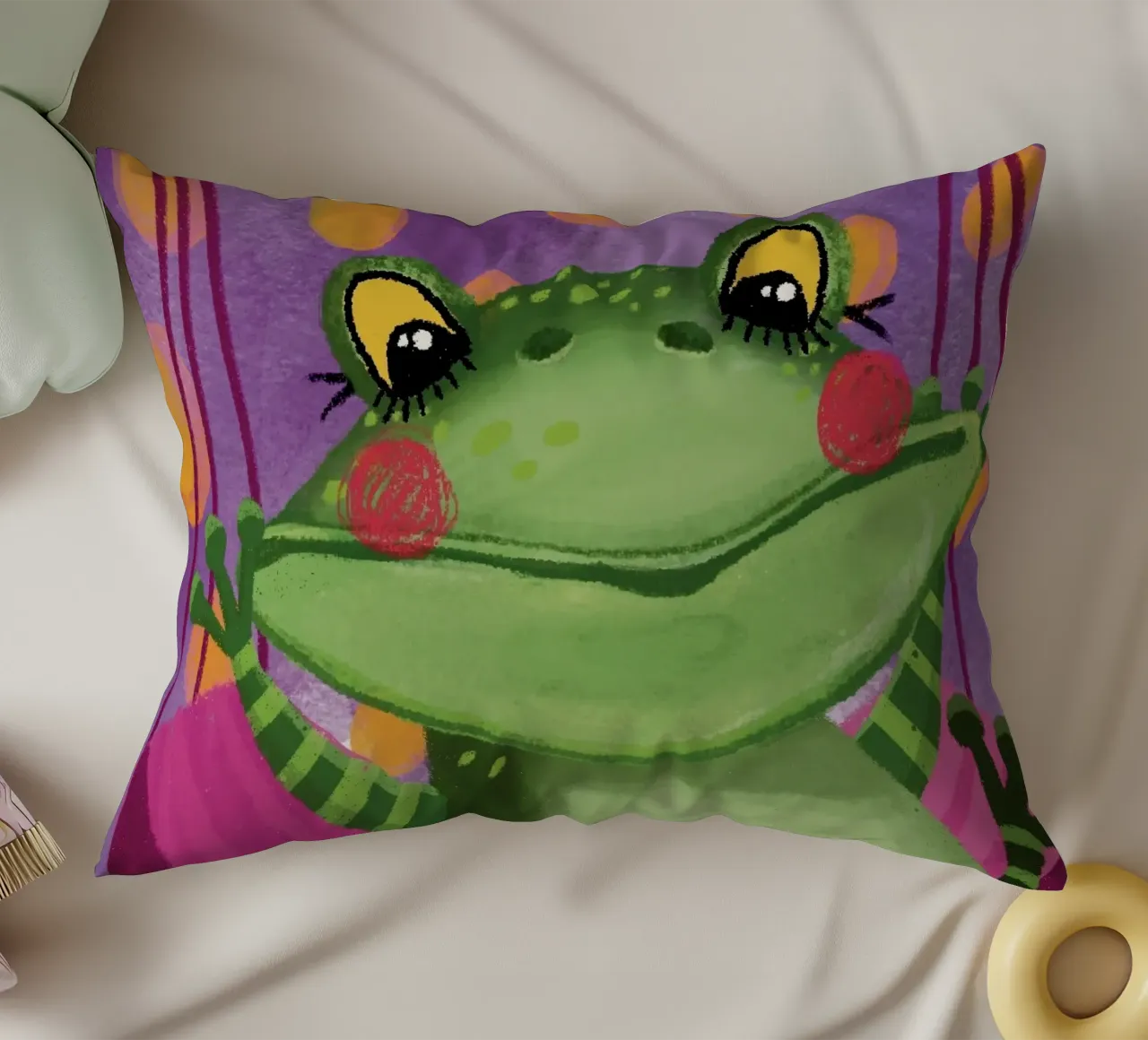 Funny frog swings in the hammock decorative cushion by Honigbrombeere