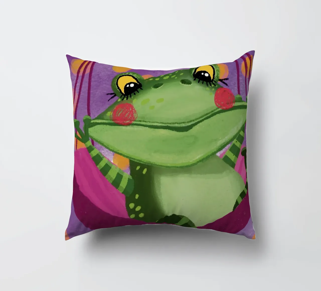 Funny frog swings in the hammock decorative cushion by Honigbrombeere