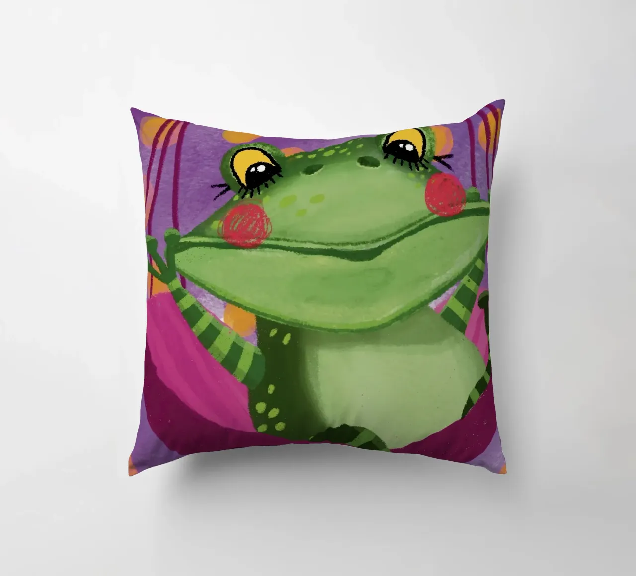 Funny frog swings in the hammock decorative cushion by Honigbrombeere