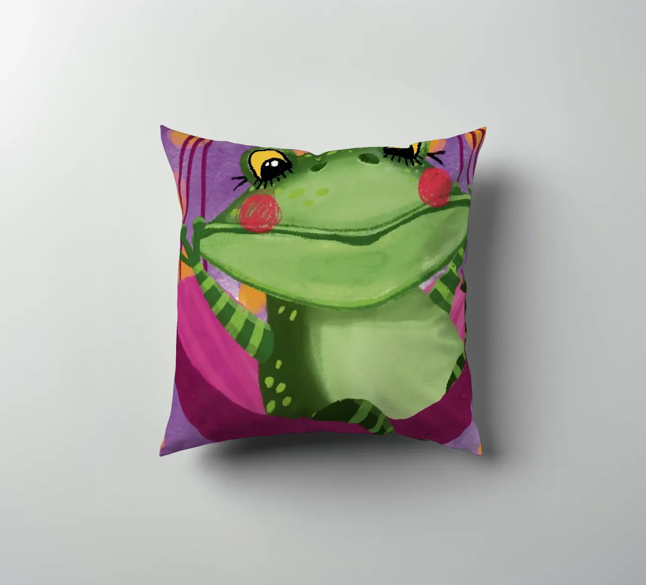 Funny frog swings in the hammock decorative cushion by Honigbrombeere