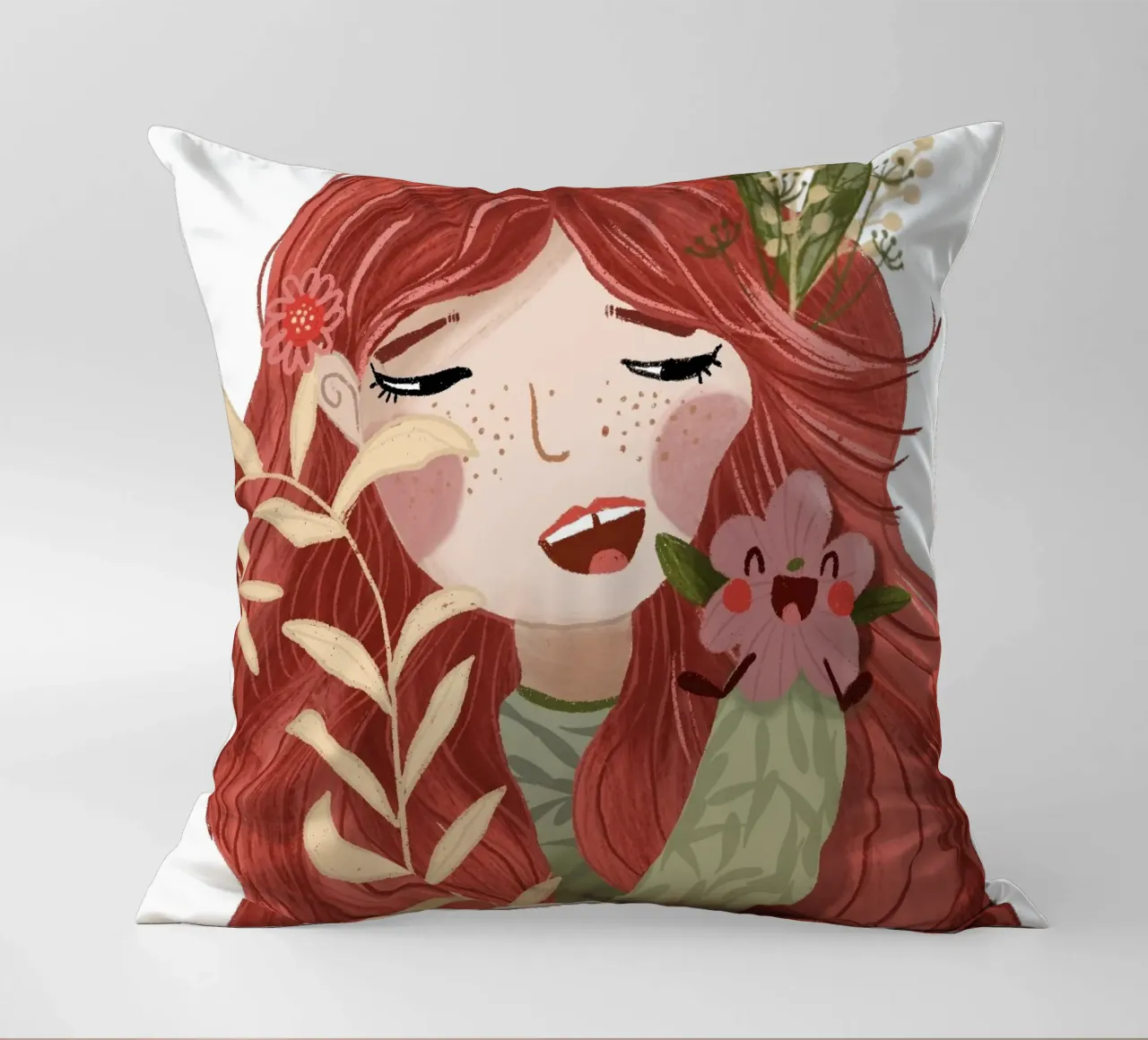 Blumenmädchen mit frecher Blühte decorative cushion by Honigbrombeere