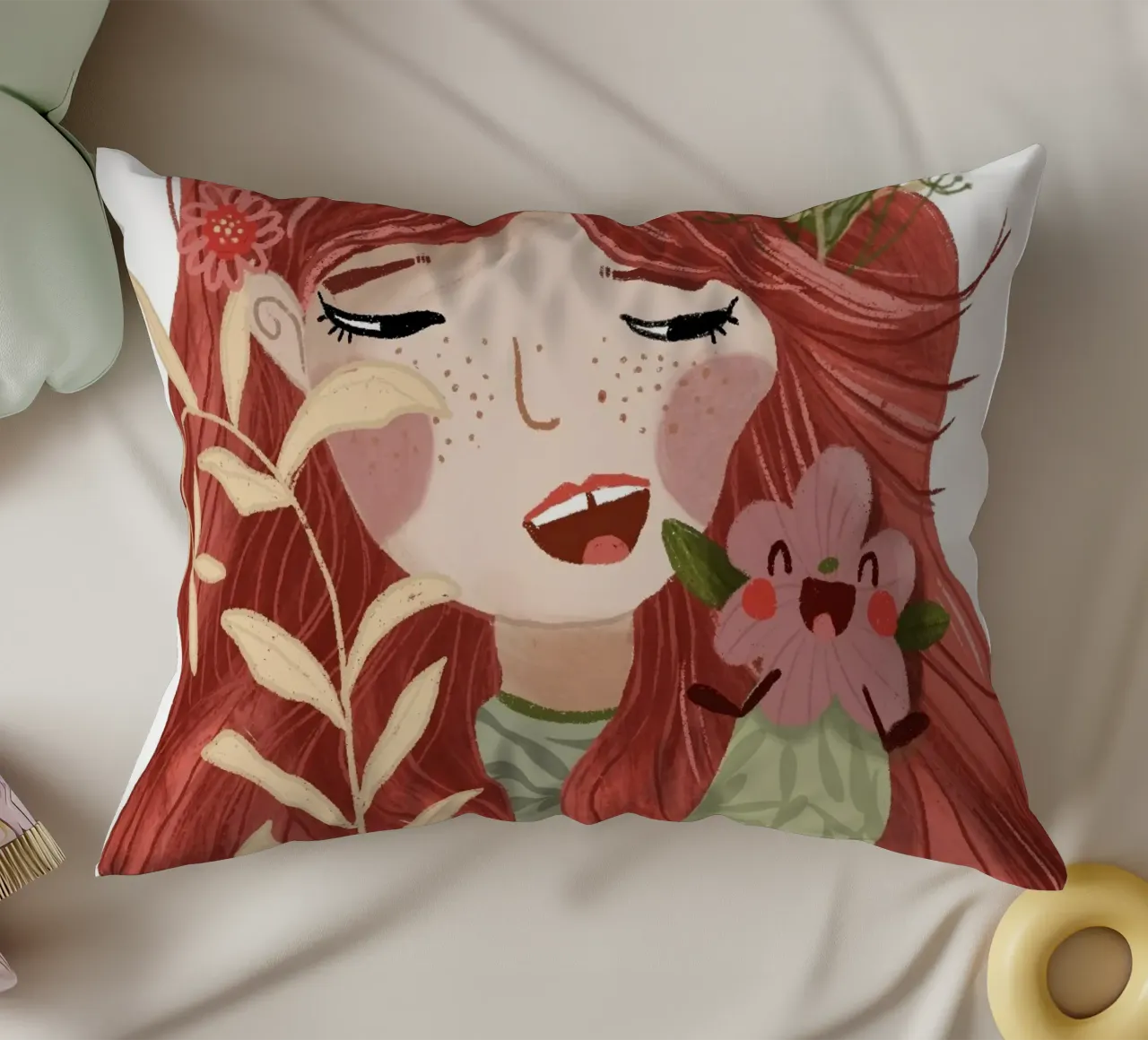 Blumenmädchen mit frecher Blühte decorative cushion by Honigbrombeere