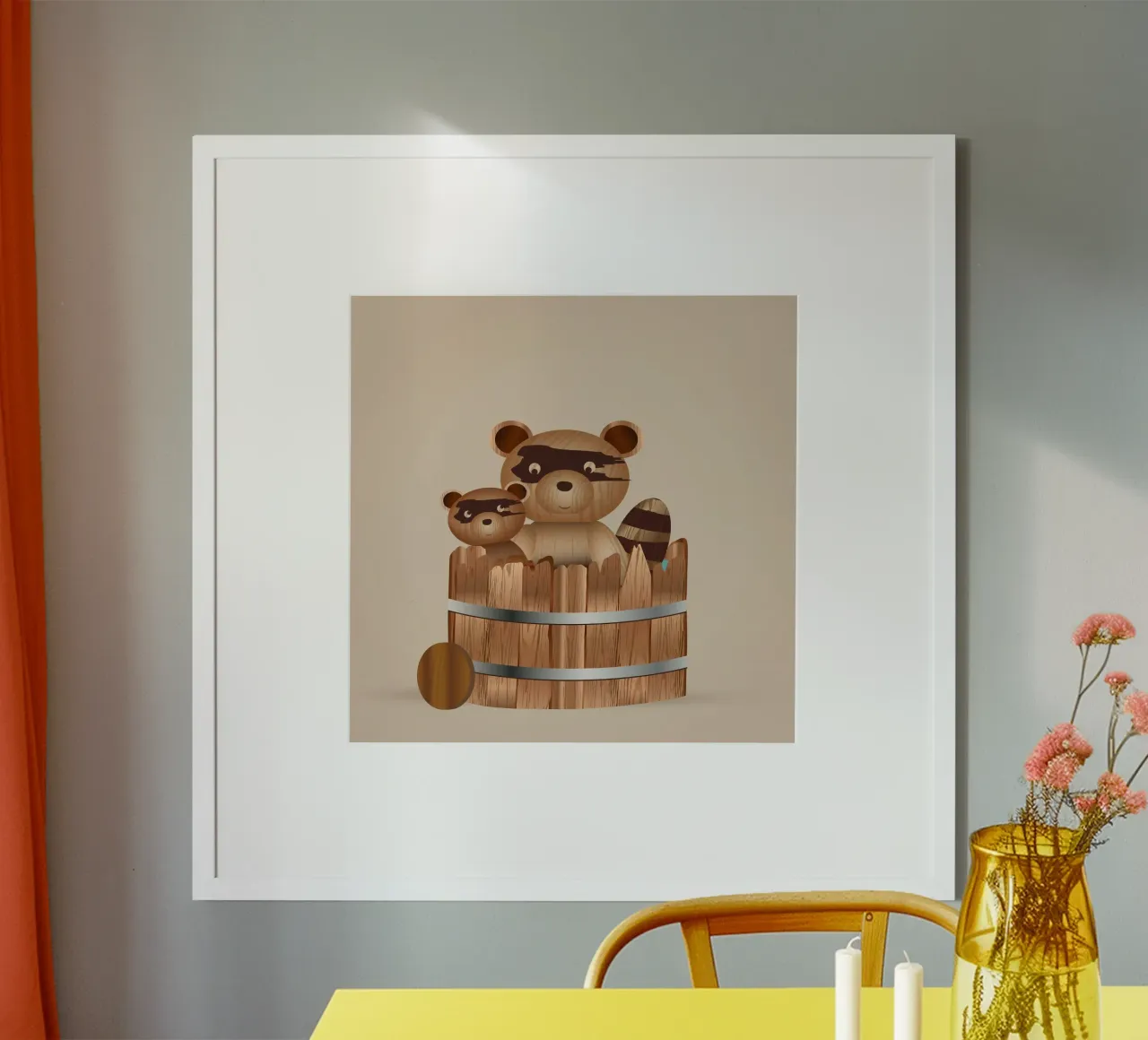 Ilustración con aspecto de madera - mapaches en la bañera poster con marco de madera de namosh