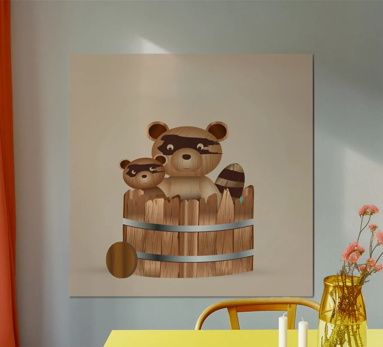 Ilustración con aspecto de madera - mapaches en la bañera poster con marco de madera de namosh