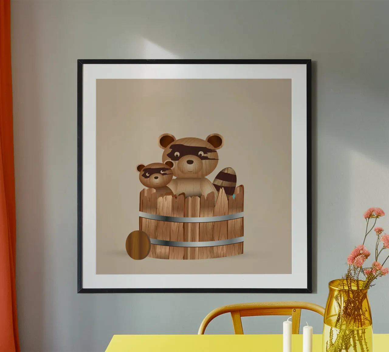 Ilustración con aspecto de madera - mapaches en la bañera poster con marco de madera de namosh