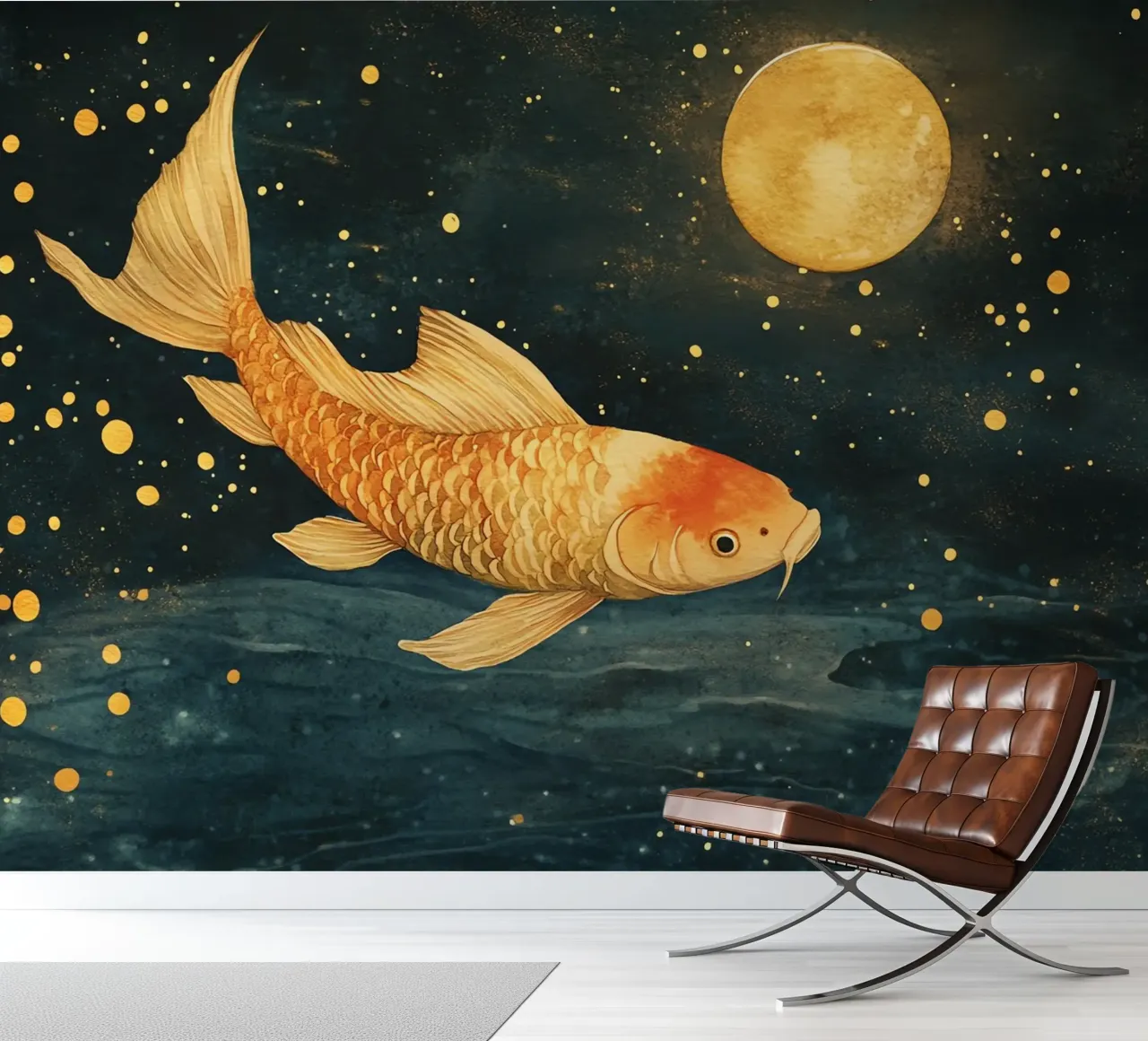 Goldener Karpfen koi im Mondlicht Fototapete von Théïa's Fantasia World