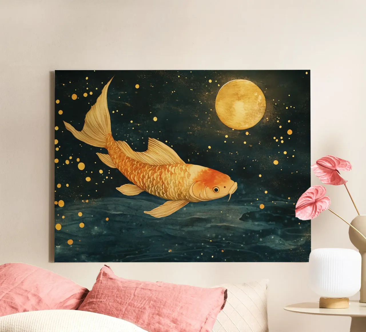 Gouden karper in het maanlicht canvas van Théïa's Fantasia World