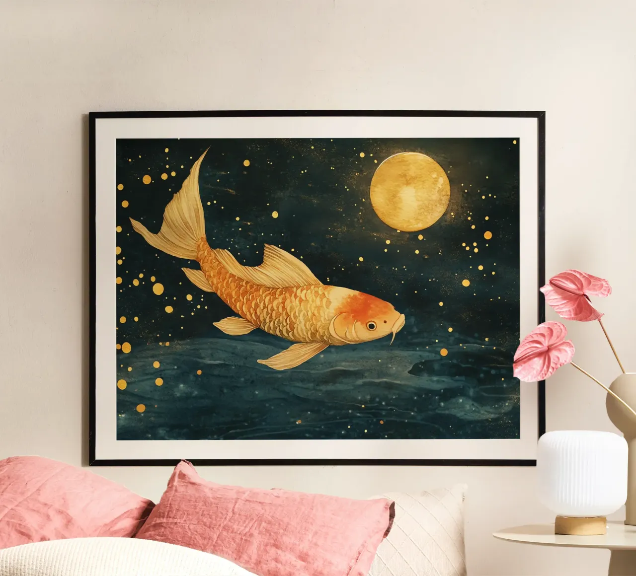 Goldener Karpfen koi im Mondlicht Poster von Théïa's Fantasia World